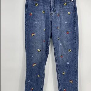 SHEIN Blue and Yellow Straight Leg Jeans with Embroidered Accents